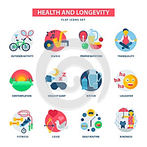 Health and longevity icons modern activity durability vector natural healthy life product food nutrition illustration photo