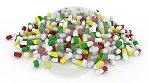 Health conceptual with bunch of capsules, medicine or pills, iso