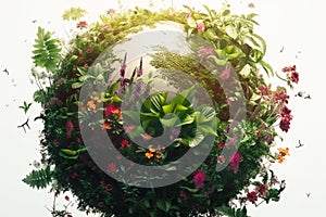 Health Day, planet Earth entwined with grass and colorful flowers on a white background. AI generated.