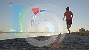 Health Diagrams and Heart Rate Animations on Male Running by River. Graphics