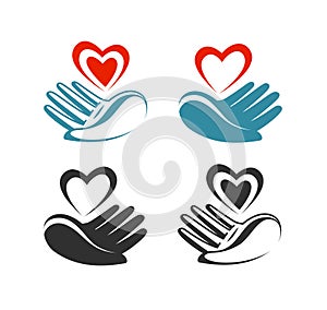 Health, donation, charity logo or label. Hand holding heart, symbol. Vector illustration