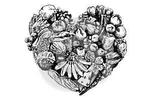 Health eating - Heart of food - Hand Drawn food heart illustration