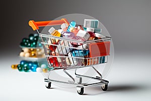 Health essentials shopping trolley carries blister pill, capsule, pharmacy items