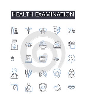 Health examination line icons collection. Dental checkup, Eye exam, Hearing test, Blood analysis, Physical assessment