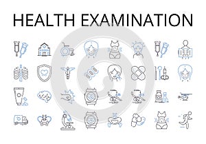 Health examination line icons collection. Dental checkup, Eye exam, Hearing test, Blood analysis, Physical assessment