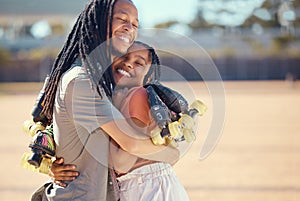 Health, exercise and friends roller skating, hug and bonding at a skate park, happy and cheerful. Black woman and trendy