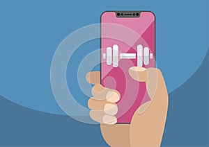 Health or fitness app concept on frameless touchscreen as illustration. Hand holding bezel free smartphone with icon of gym