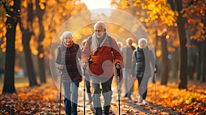 Health and Fitness elderly people in Autumn forest and walking for wellness AI generated