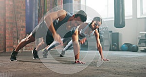 Health, fitness and exercise with couple in gym for workout, stretching and coaching. Personal trainer, body and class