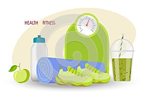 Health and fitness. Healthy food, sport equipment for fitness, yoga, sports shop, gym concept. Vector illustration for