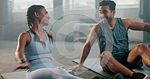 Health, fitness and high five with couple in gym for workout, motivation and dumbbell. Personal trainer, exercise and