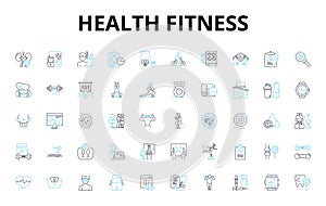 Health fitness linear icons set. Strength, Endurance, Flexibility, Agility, Wellness, Cardiovascular, Holistic vector