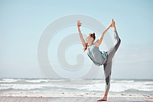 Health, fitness and yoga with woman meditation pose at a beach, stretching and training workout. Flexible female