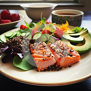 Health-focused smoked salmon dinner with quinoa salad and avocado slices