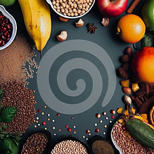 Health food for fitness concept with fruit, vegetables, pulses, herbs, spices, nuts, grains and pulses
