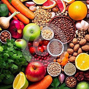 Health food for fitness concept with fruit, vegetables, pulses, herbs, spices, nuts, grains and pulses