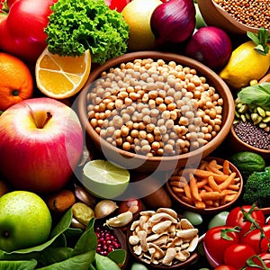Health food for fitness concept with fruit, vegetables, pulses, herbs, spices, nuts, grains and pulses