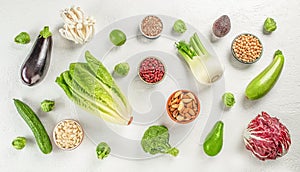 Health food for fitness concept with fruit, vegetables on a white background top view