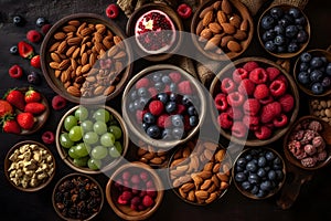 Health food for fitness concept with immune boosting properties with fruit, nuts, berries and grains