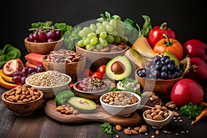 Health food selection with fresh vegetables, fruit, herbs, pulses, seeds and nuts. Health concept. Generative AI