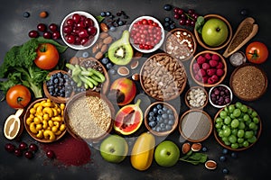 Health food selection with fresh vegetables, fruit, herbs, pulses, seeds and nuts. Health concept. Generative AI