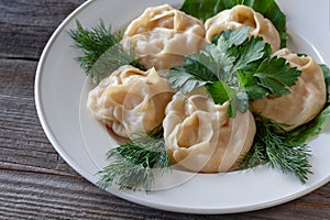 Health food. Vegetarian pumpkin mantas on a white plate, decorated with herbs.