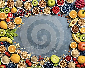 health foods cereals fruits vegetables variety of colours on grey table surface with negative space to add words