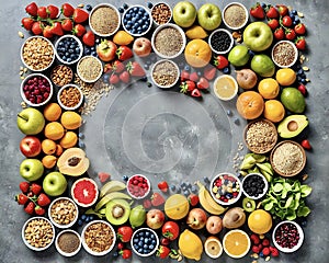 health foods cereals fruits vegetables variety of colours on grey table surface with negative space to add words