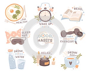 Health good habits set with motivation to eat healthy, wakeup early, read, take regular exercise