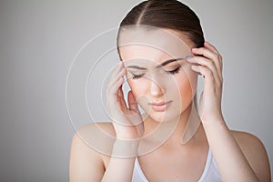 Health and Head Pain. Beautiful Woman Having Strong Headache, Feeling Pain