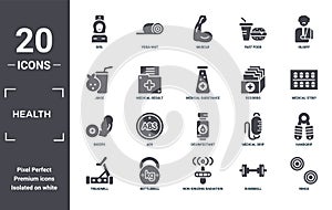 health icon set. include creative elements as girl, injury, records, desinfectant, kettlebell, biceps filled icons can be used for