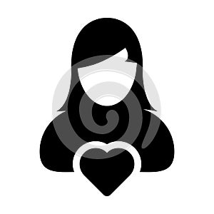 Health icon vector female user person profile avatar with heart symbol in a flat color glyph pictogram