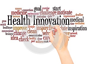 Health Innovation word cloud hand writing concept