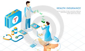 Health Insurance concept based web template design with isometric medical equipments, lady invest her money to medical insurance