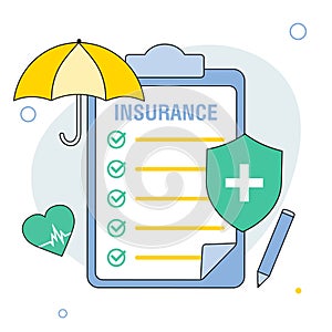 Health insurance concept. Big clipboard with document on it under the umbrella. Healthcare, finance and medical service