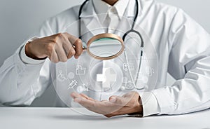 Health insurance concept. doctor hold magnifier holding plus and healthcare medical icon, health and access to welfare health