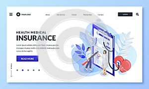 Health insurance concept. Doctor with patient sign medical insurance contract. Vector 3d isometric illustration