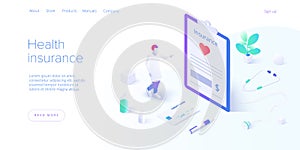 Health insurance concept in isometric vector design. Male doctor or physician insurer with contract form in clipboard. Healthcare