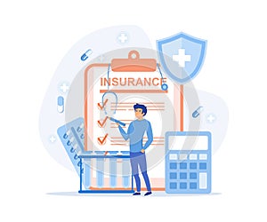 Health insurance concept, Man fills out health insurance policy contract and calculate the payment