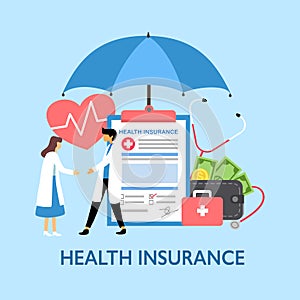 Health insurance concept vector illustration. Doctors standing with document, money wallet and medical case under big umbrella. De
