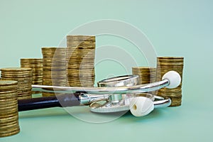 Health insurance or cost of healthcare. Stethoscope and money.