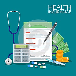 Health insurance form concept vector illustration. Filling medical documents. Stethoscope, drugs, money, calculator