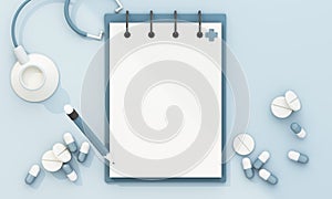 Health insurance form filling paper Surrounded by pills and stethoscope on pastel blue background