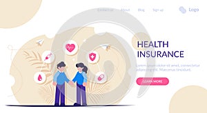 Health insurance or healthcare concept. People hold hands against the background of medical icons. Modern flat vector