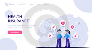 Health insurance or healthcare concept. People hold hands against the background of medical icons. Modern flat vector