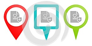 Health, insurance, medical, policy. Multicolor pin vector icon, diferent type map and navigation point