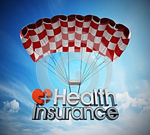 Health insurance text landing with a parachute. 3D illustration