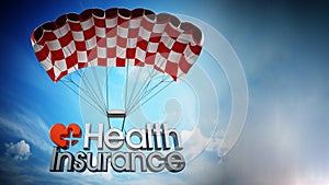 Health insurance text landing with a parachute. 3D illustration