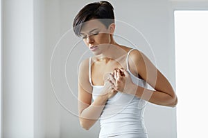 Health Issues. Beautiful Woman Feeling Strong Pain In Chest