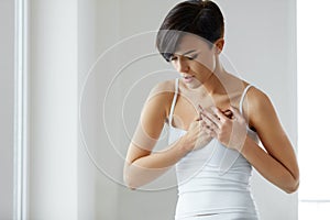 Health Issues. Beautiful Woman Feeling Strong Pain In Chest